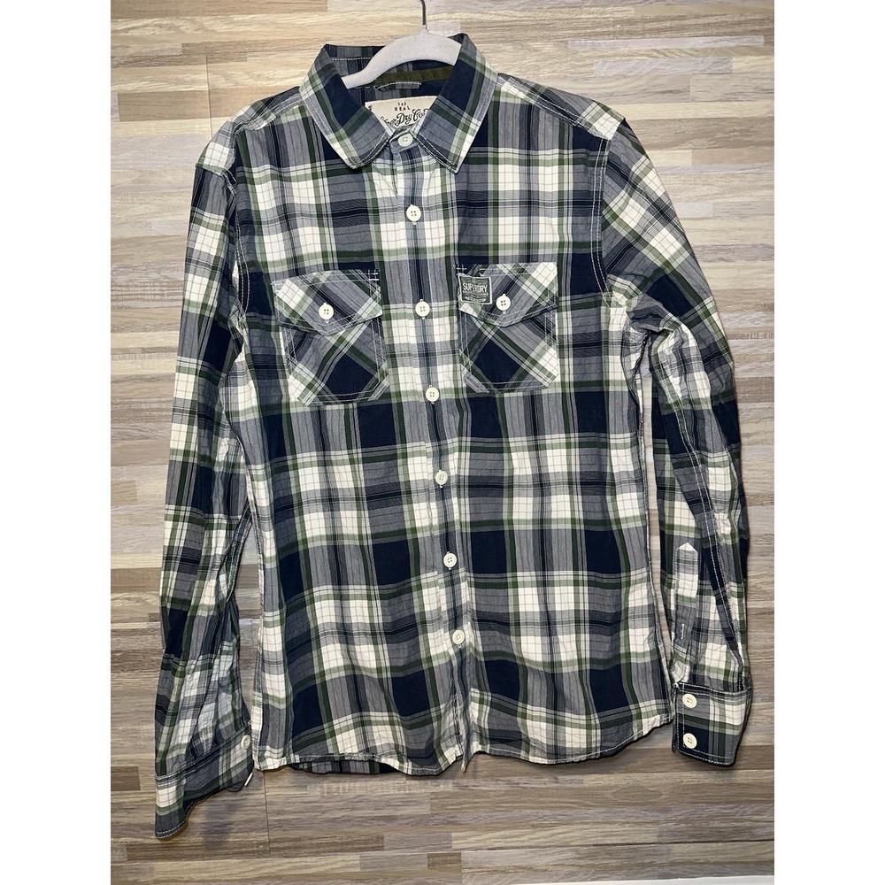 SUPERDRY Washbasket Button Up Plaid Japan Shirt Blue Green Men's Size LARGE #M